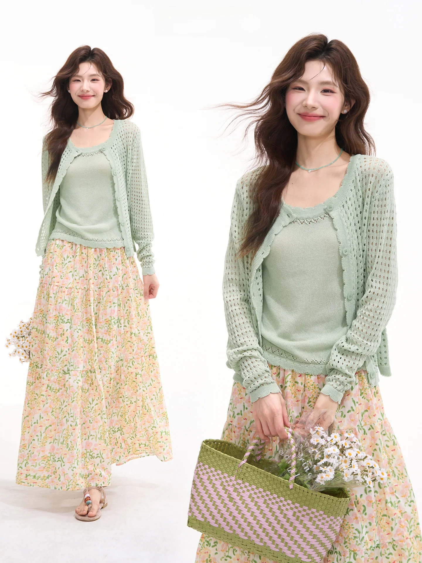 

Модный вязаный комплект из двух предметов Heme Starfield Sweet Berry: ажурный кардиган и топ на бретельках, женский летний комплект в стиле Sweet Heart