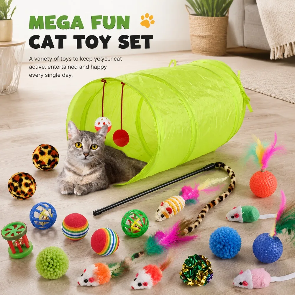 Paquete de Juguetes para Gatos Todo en Uno: Varita Interactiva con Plumas, Ratones de Catnip, Bola con Campana y Juguetes Variados para Fomentar el Ejercicio en Gatitos de Interior