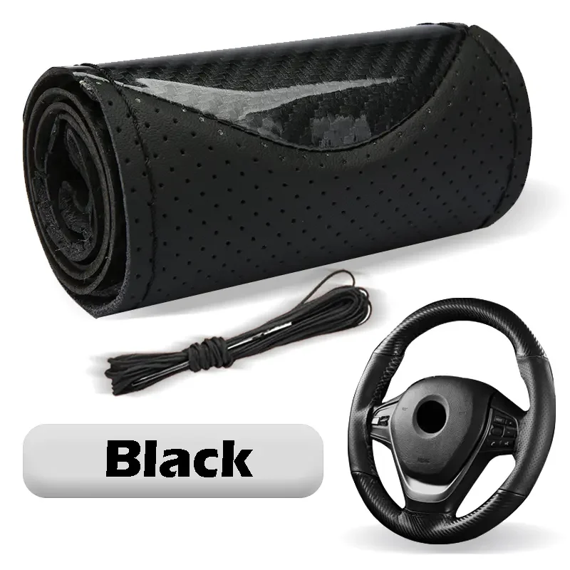 Carbon Fiber Hand-Stitched Steering Wheel Cover Non-Slip Leather Braid For Steering Wheel Cover 15 Inch Universal All Seasons