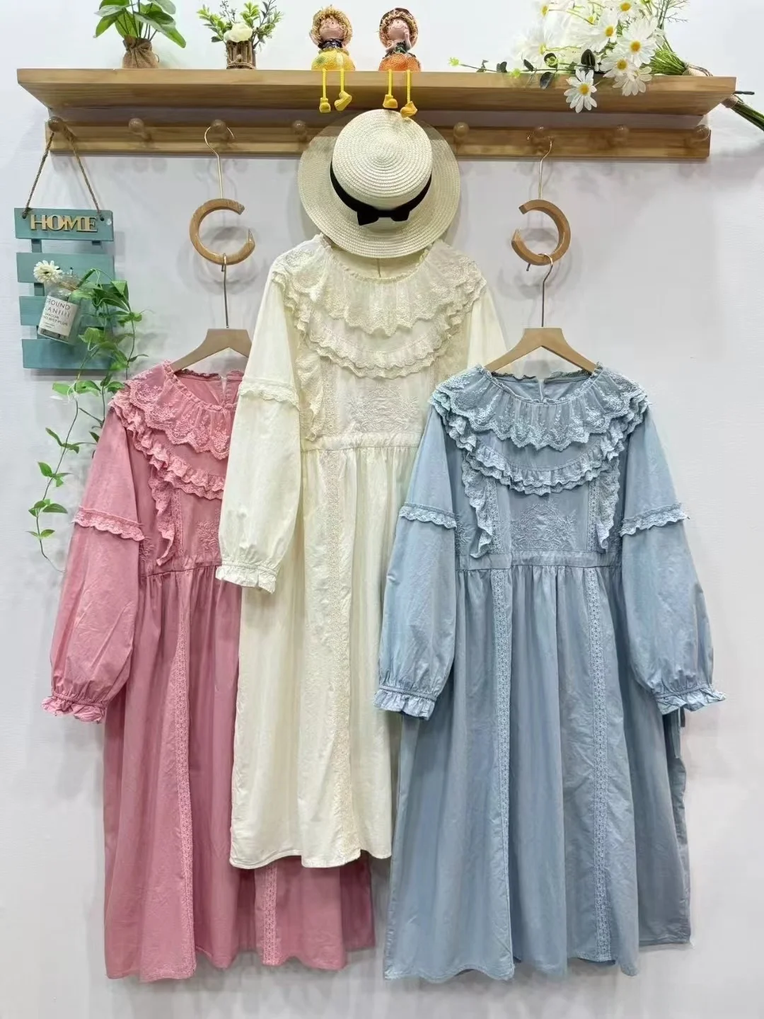 

Retro Floral Lace Trim round Ne Long Sve Dr Loose Fit Waist Cinched Belted Casual Sle Midi Length Women's Dr