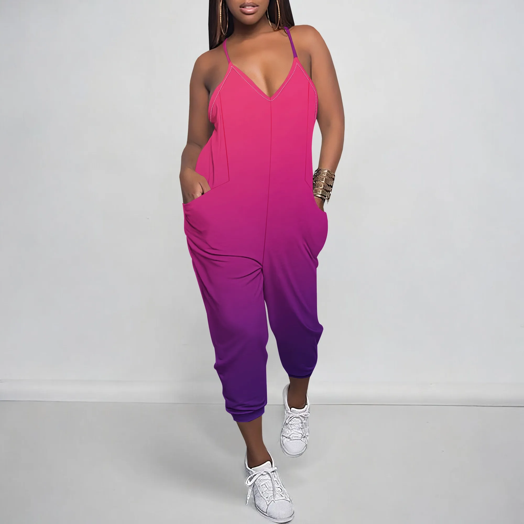 Tuta da donna sexy con scollo a V senza maniche con retro scollato Pantaloni lunghi stampati sfumati con tasche Pagliaccetti casual
