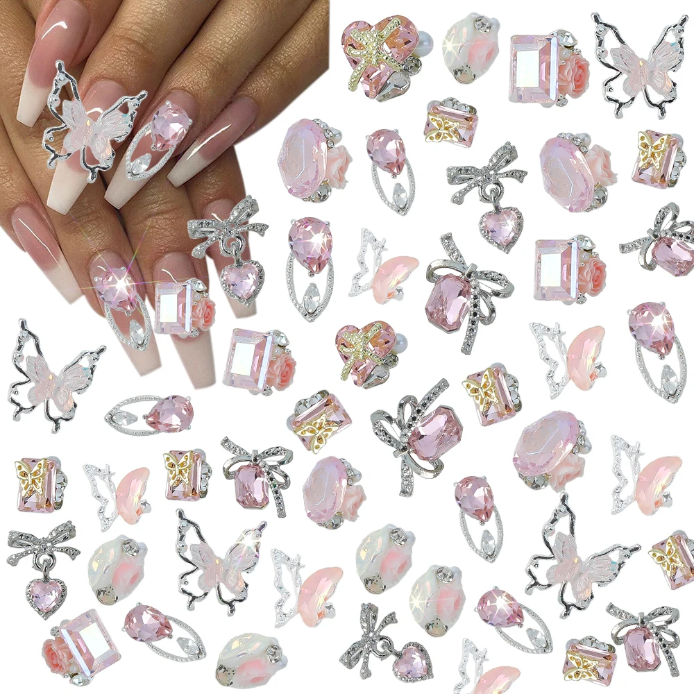 20pcs 3D 반짝 이는 핑크 크리스탈 네일 보석 돌 럭셔리 합금 나비 열 Bowtie 네일 매력 7mm-17mm 귀여운 핑크 다이아몬드 쥬얼리 8 #