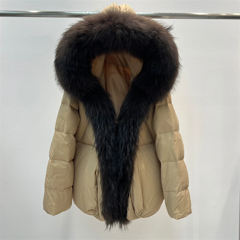 New Winter Women Raccoon Fur Collar Short Down Coat Hooded Oversized Puffer Jacket Thick Warm Casual Fashion Versatile Outerwear