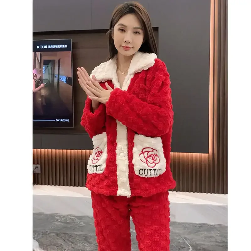 2023 New Coral Velvet Thickened Velvet Mesh Red Pajamas Women Autumn and Winter Cardigan Small Fragrant Wind Home Wear Set