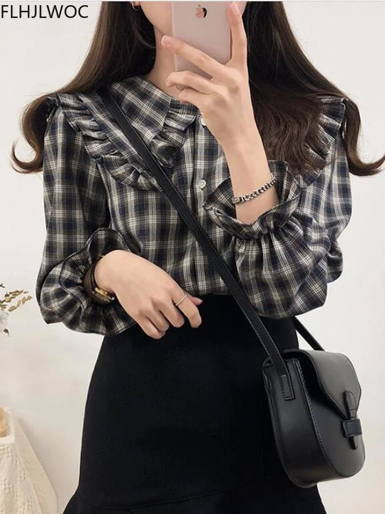 2022 Cotton Blends Basic Shirts Blouses Women Japan Preppy Style Design Ruffled Tops Ruffled Peter Pan Collar Plaid Button Shirt