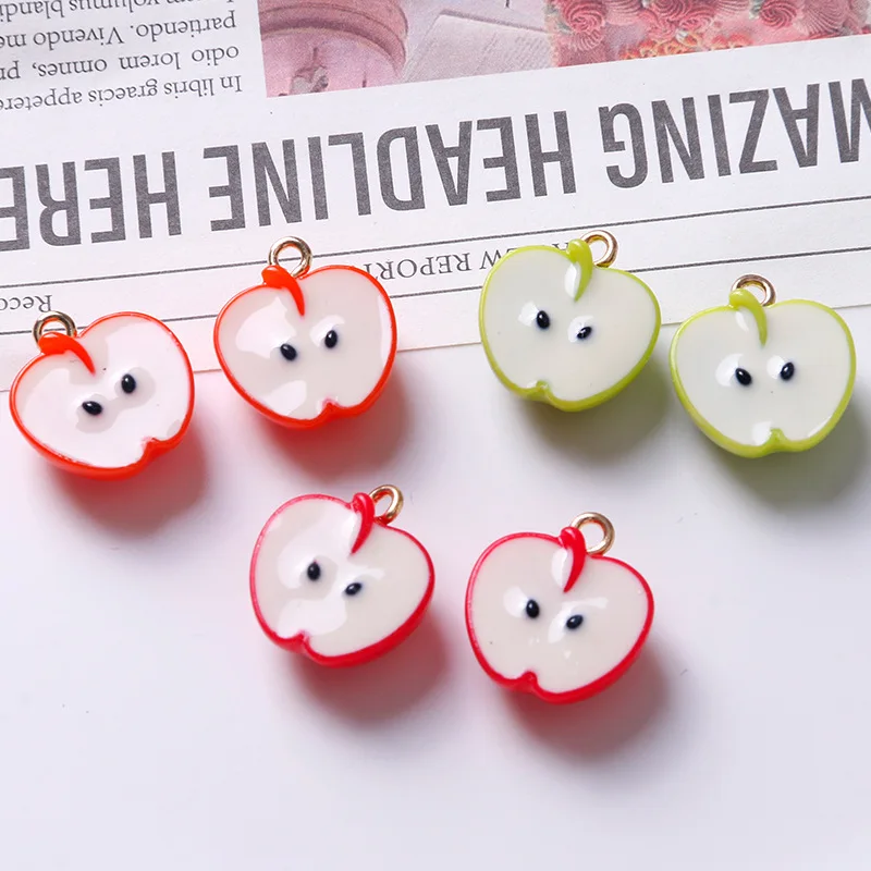 2pcs Fruit series red and green cut with seeds three-dimensional simulation apple resin earrings pendant accessories DIY jewelry