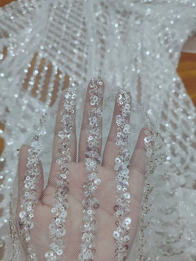 Chain Style Sequined Soft Lace Tulle Fabric Ideal for Wedding Dresses Decorative Accessories DIY Curtains Tablecloths and More