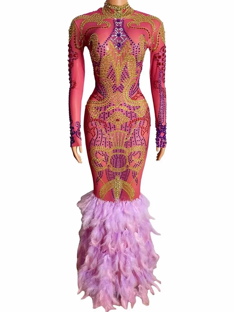 High Quality Hot Stamping Sexy Mesh Fabric Feather Splicing Printed Dress 2026 New Fashionable Custom Women'S Clothing