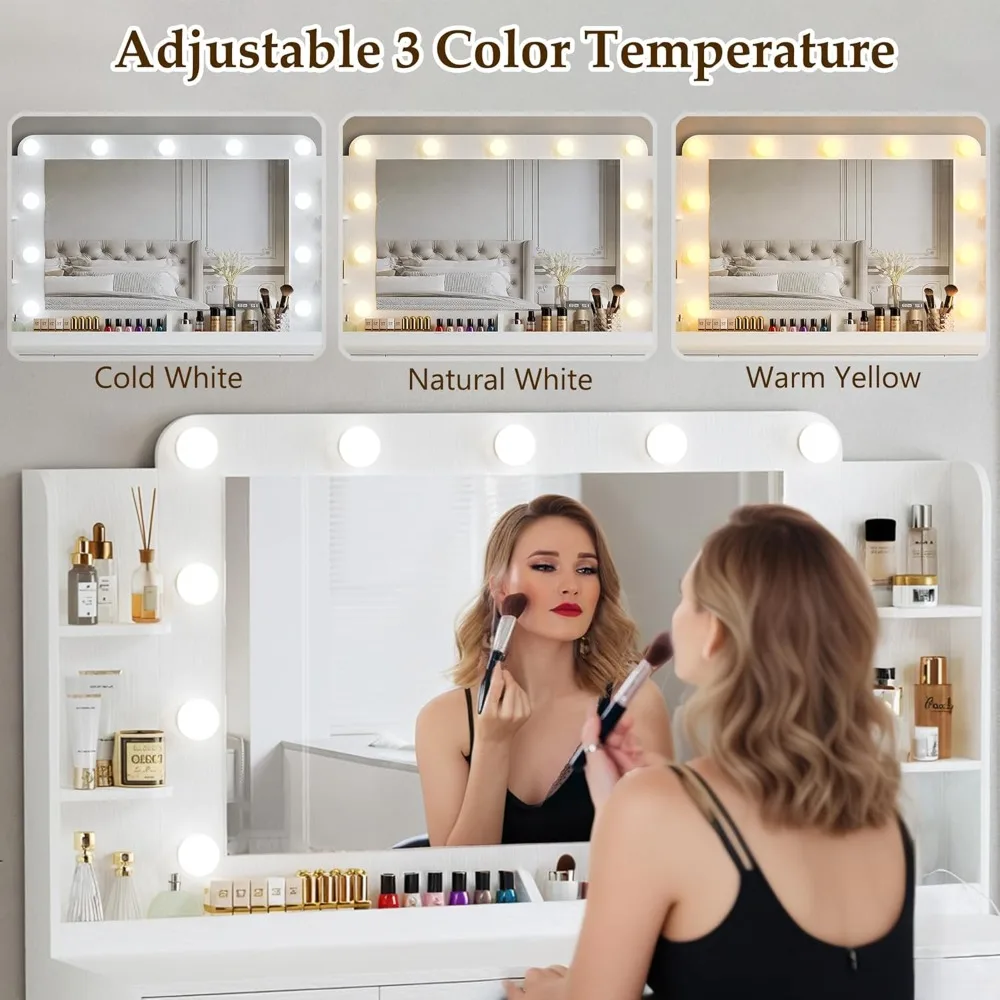 Meja Rias Rias dengan Lampu, Meja Rias Besar 45,5" dengan Cermin dan Lampu dalam 3 Model, Meja Rias dengan Stopkontak,