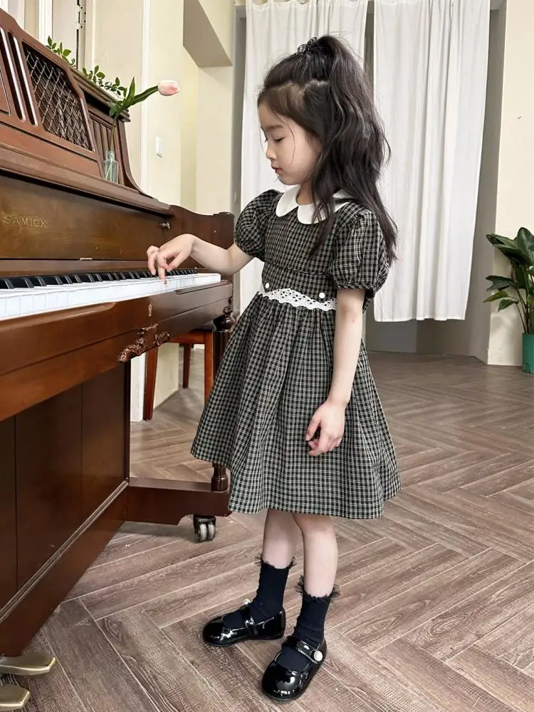 2024 Vintage Preppy Style Girl Dress Plaid Puff Sleeve Party Dresses for Baby Girls Cute Clothing with Lace Up Hand-Made Frocks