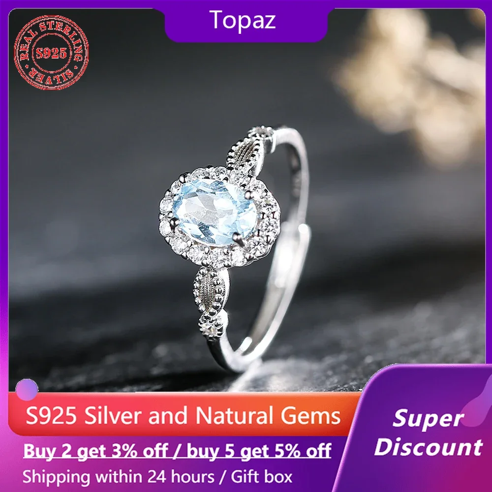 

Sparkling S925 sterling silver ring paired with natural topaz women's ring, wedding jewelry accessories with adjustable size