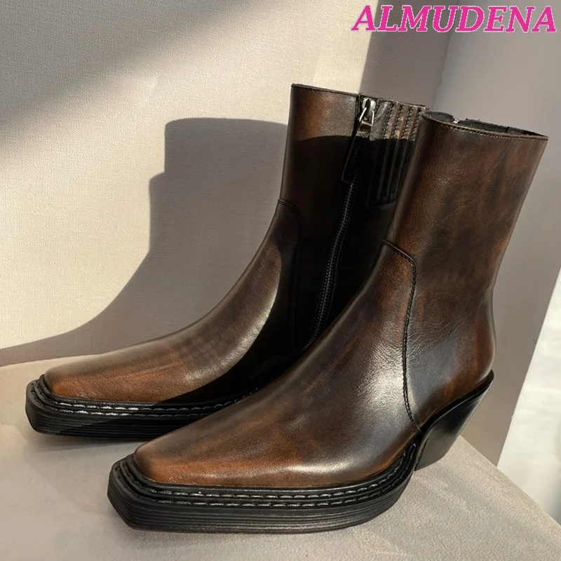 

Women Brown Chunky Wedges Ankle Boots Vintage Square Toe Leather Chelsea Boot Street Punk Style 2023 New Shoes Free Shipping