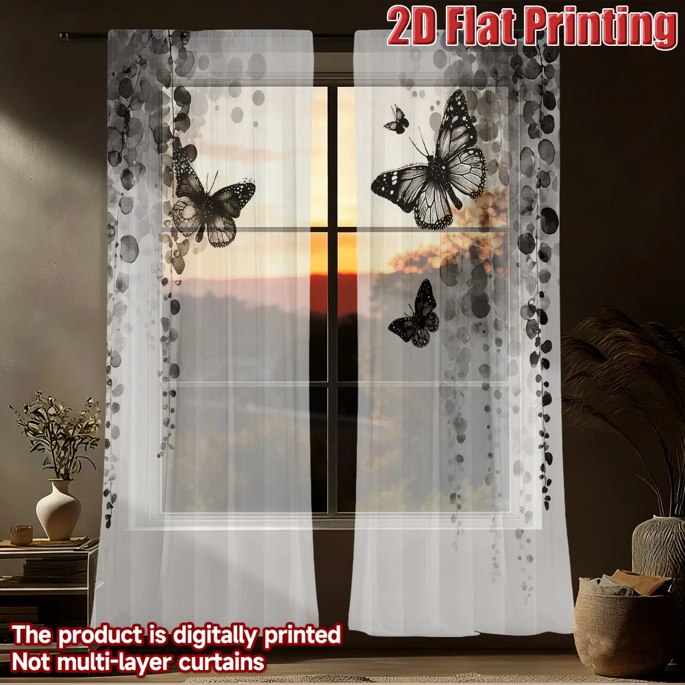 

2pcs Butterfly Dots Mountain Sky Pattern Sheer Curtains, Washable Polyester Window Drape, Rod Pocket, for Home Decor Living Room