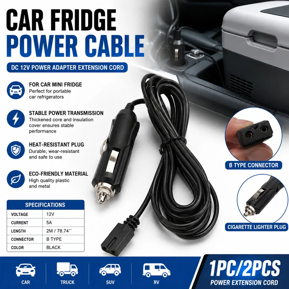 2M 12V DC 2 Pin Car Fridge Power Adapter Cable Replacement Lead Cord for Cooler Box Mini Fridge with Cigarette Lighter Plug