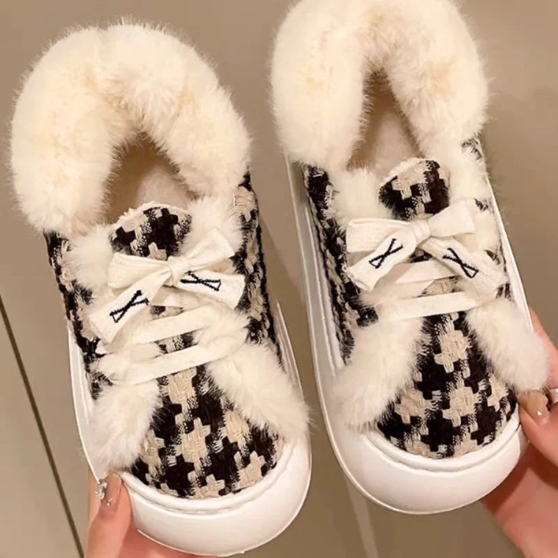 Geruite Print Pluche Plateauzolen Vrouwen Winter Warm Huis Zachte Pluizige Pantoffels Vrouw Veters Harige Fleece Flats Wolkenslippers