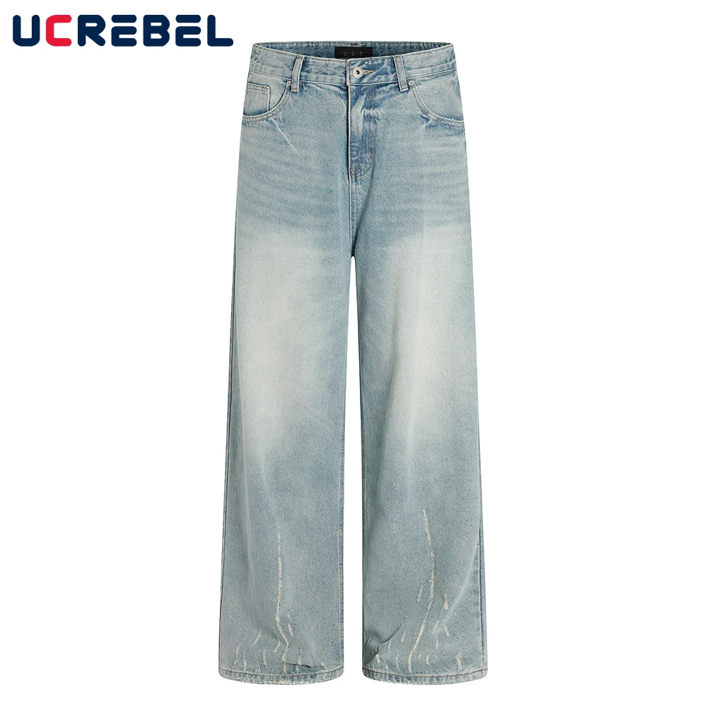 

Scratch Washed Distressed Jeans Mens Retro High Street Straight Loose Wide leg Pocket Denim Pants Men