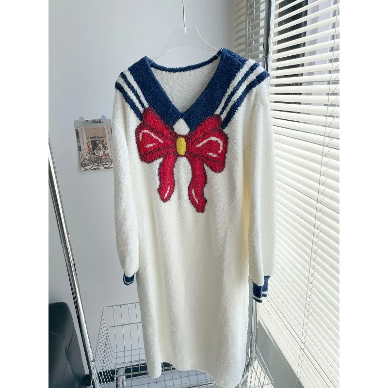 Sailor Moon sweet bow printed knitted velvet long-sleeved dress for women autumn and winter thickened warm home wear pajamas