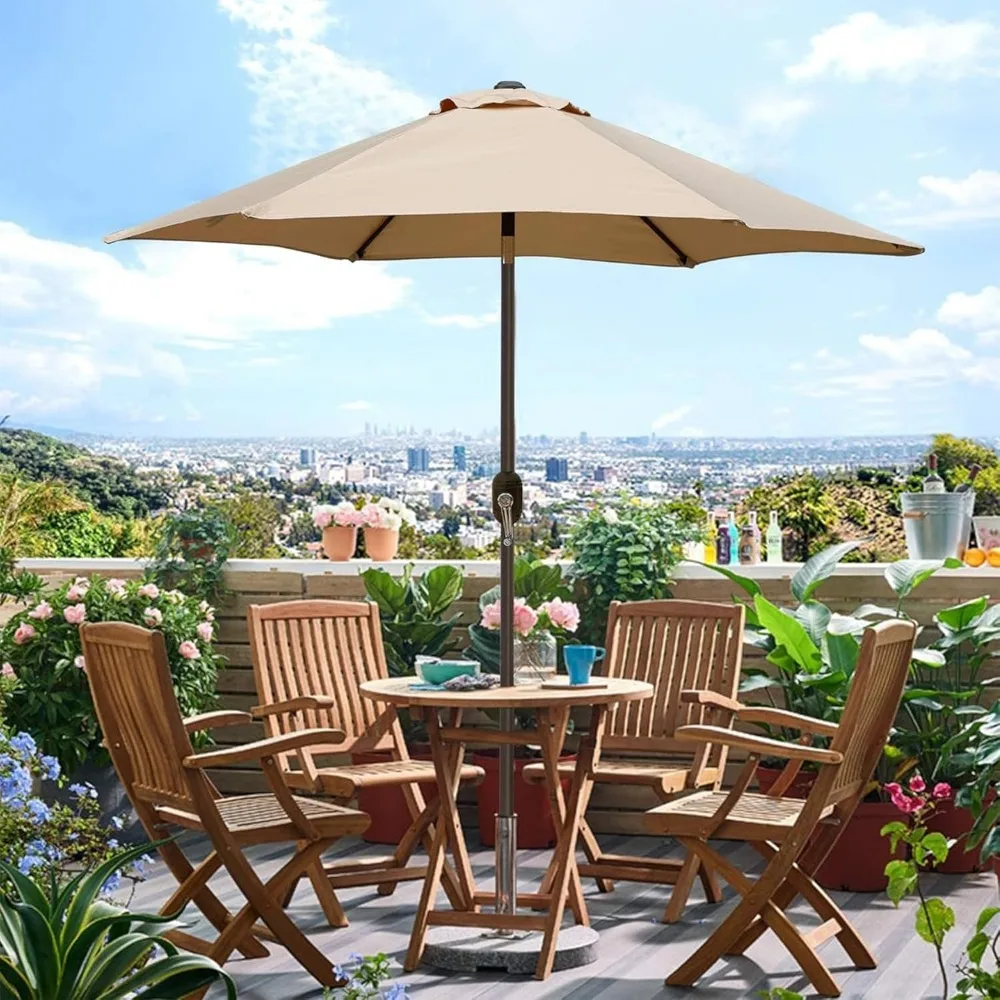 مظلة فناء بطول 7.5 قدم مع زر ضغط للإمالة، حماية ضد الماء من الأشعة فوق البنفسجية، أسمر ضارب للصفرة