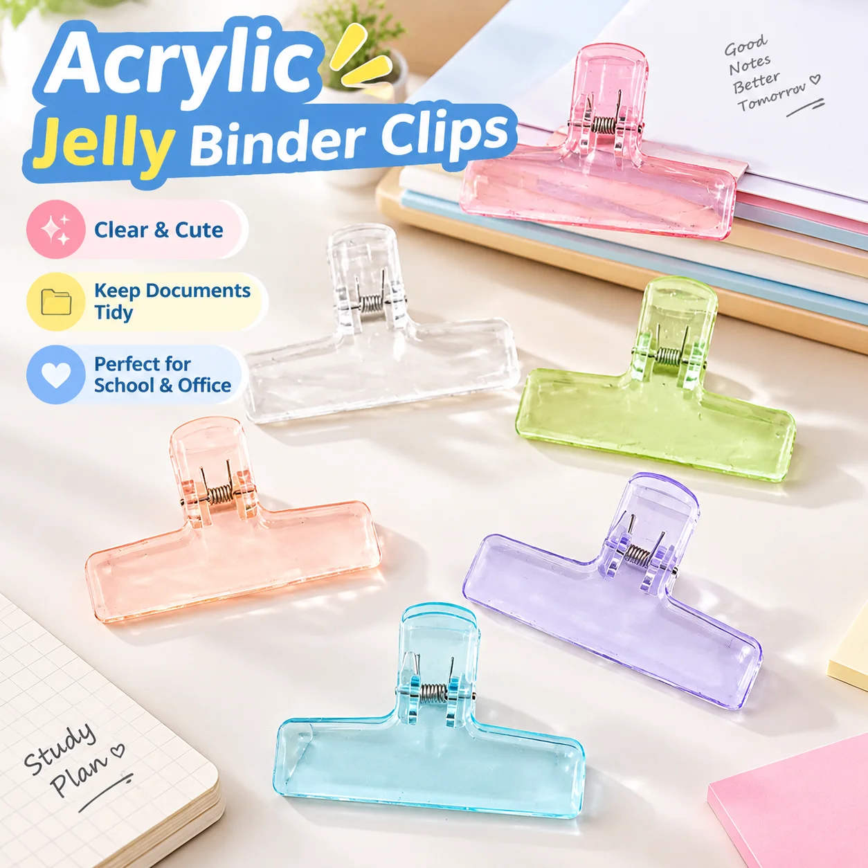 Acrylic Jelly Binder Clips Cute Transparent Document Fastener for Exam Paper Bill File Organizer Kawaii Scrapbook