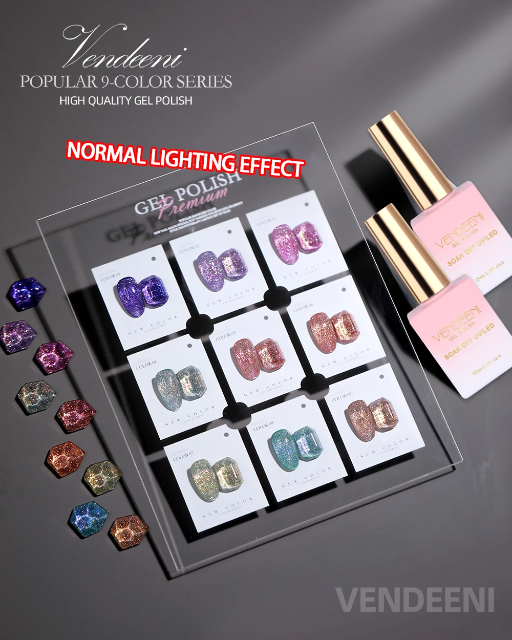 Vendeeni 9 Farben/Set Glitzer-Broken-Diamond-Gel-Nagellack, UV-LED-Gel-Lack mit reflektierendem Effekt und Display – Detail 16