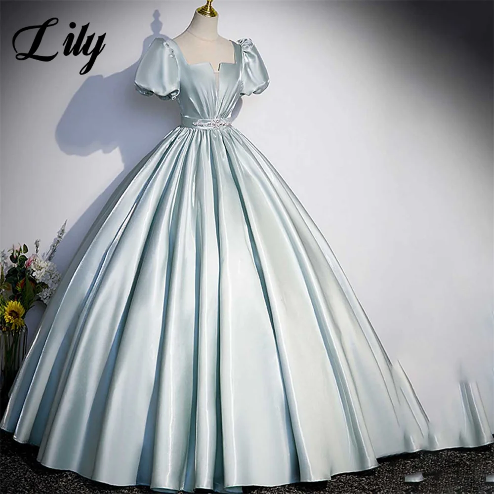 

Lily Blue A-Line Sexy Prom Dresses Stain Pleats Celebrity Dresses Square Collar Regular Sleeve Evening Dress Formal Gown 프롬 드레스