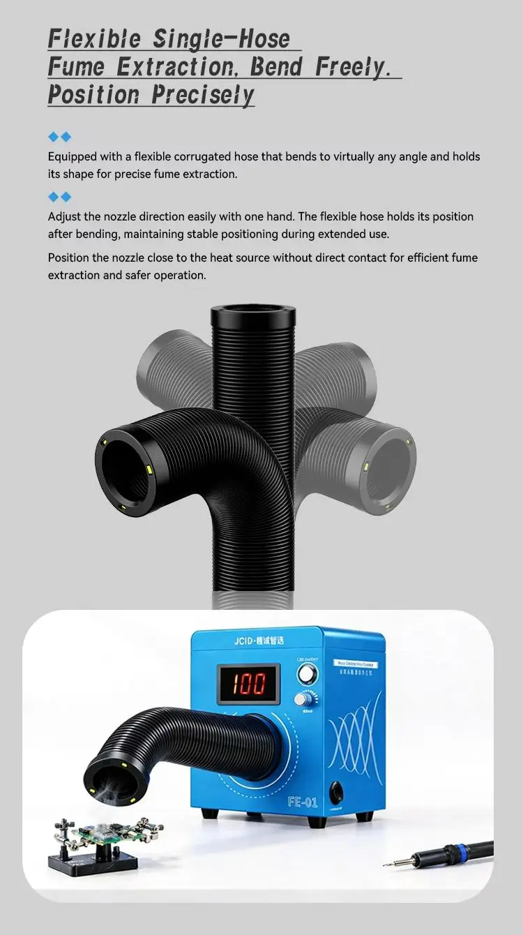 JCID welding fume purifier features multi-layer filtration and powerful suction, and comes with a 360° adjustable hose.