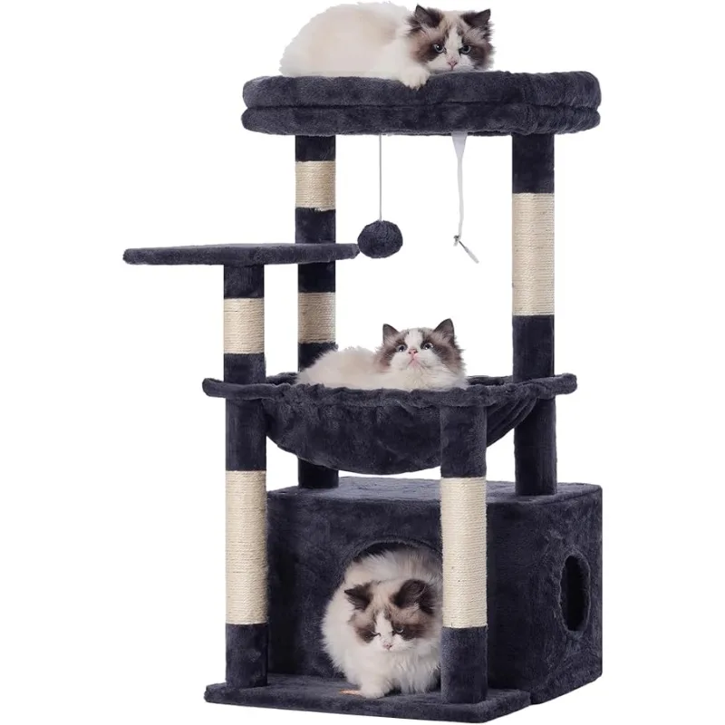 

Heybly Cat Tree, Kitten Tower with Large Soft Cat Basket, Cat Condo with Spacious Bed Cave with Hidden Space, Sisal-Covered