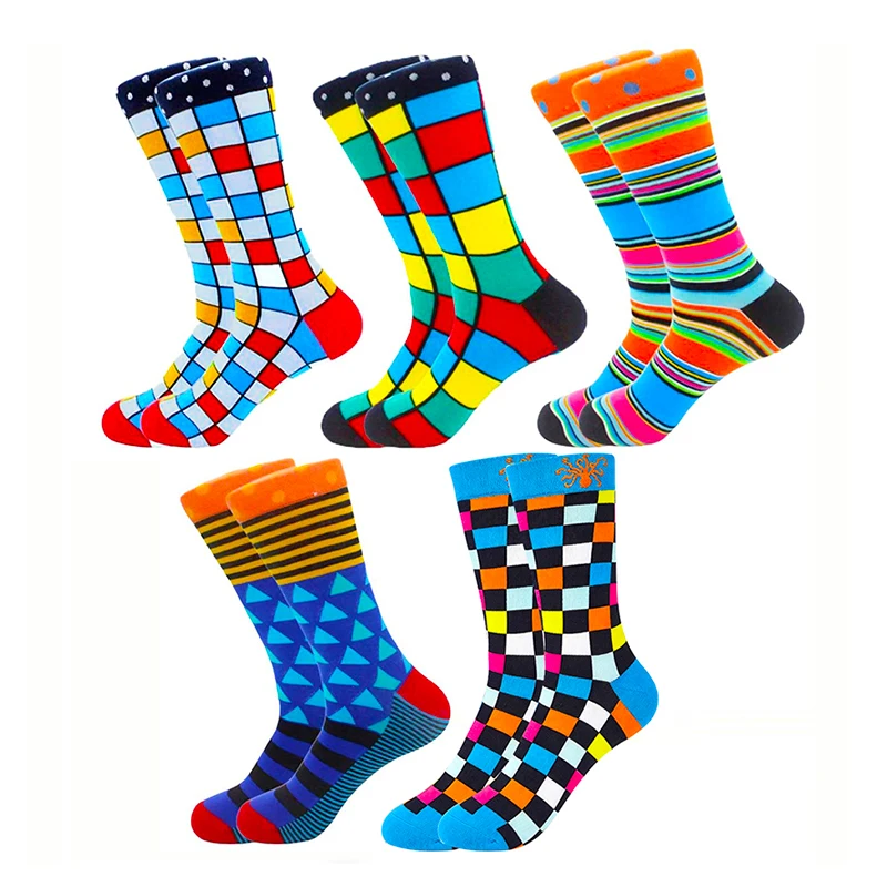 5 Pairs Men Novelty Fun Socks Bright Geometric Plaid Stripe Polka Dot Pattern Socks Colorful Casual Mid‑Calf Socks Gifts for Men