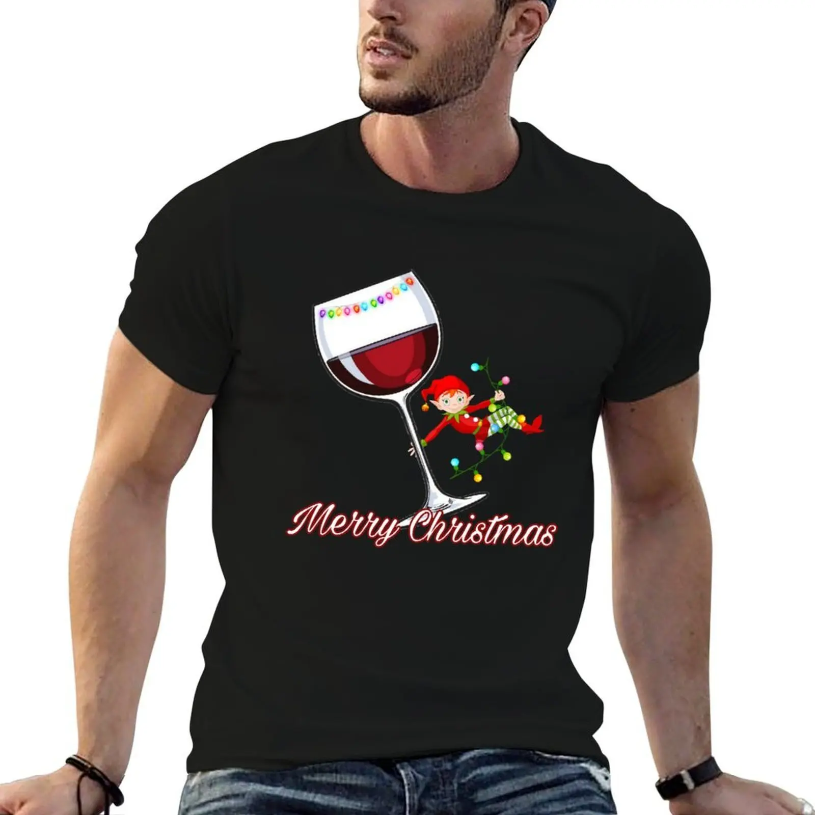 Merry Christmas Elf Swinging on Christmas Lights with Wine Glass in Hand - Original Winespiration T-Shirt