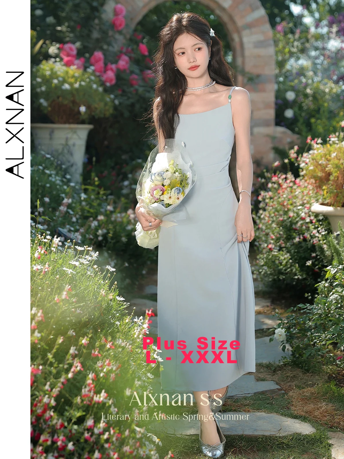 ALXNAN حجم كبير فستان أزرق بدون أكمام أنيق طويل ألف خط عطلة فساتين حريمي ملابس نسائية للحفلات غير رسمية D03009