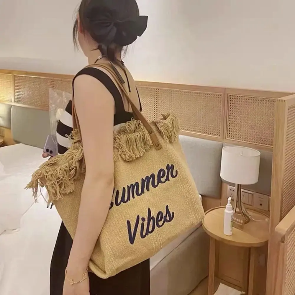 New Fashion Tassel Tote Bag Woven Canvas Bag Embroidered Alphabet Handbag Women\'s Large Capacity Shoulder Bag