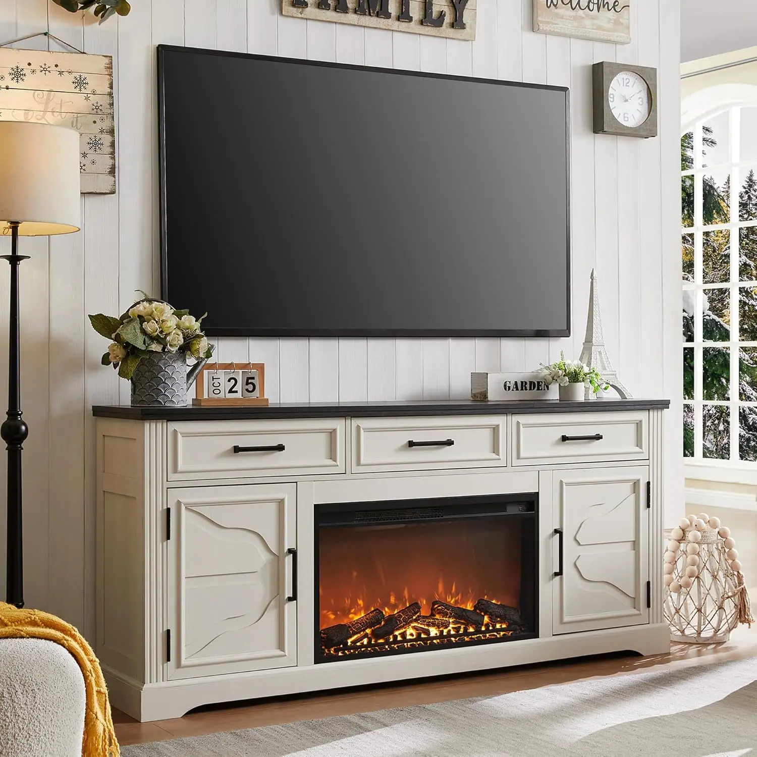 Jxqtlingmu Farmhouse Fireplace Tv Stand For Up To 80 Inch Tv, Entertainment Center With 30