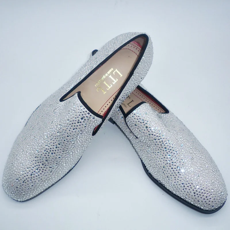 

Men's Silver Crystal Loafers Fashion Man Suede Dress Shoes Handmade Slip On Leather Casual Shoes Party And Wedding Shoes