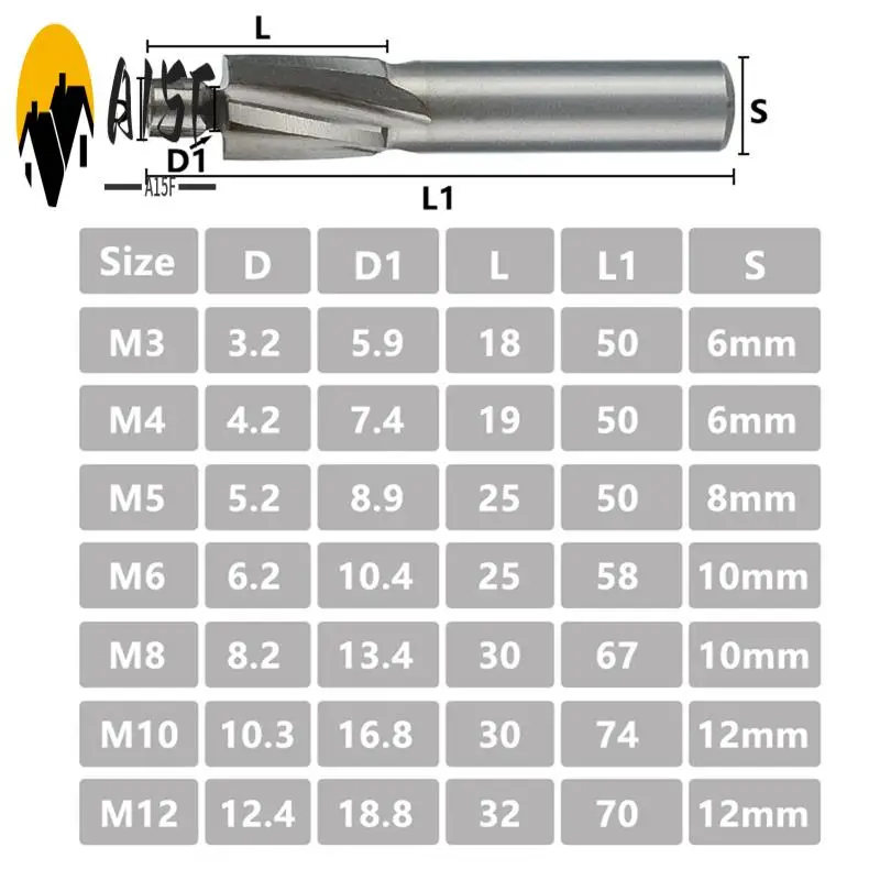 

A15F-5-Piece Guide Slotted Countersunk Die M3-M8 Milling Cutter Set Kit 4-Tooth High-Speed Steel Milling Cutter Kit