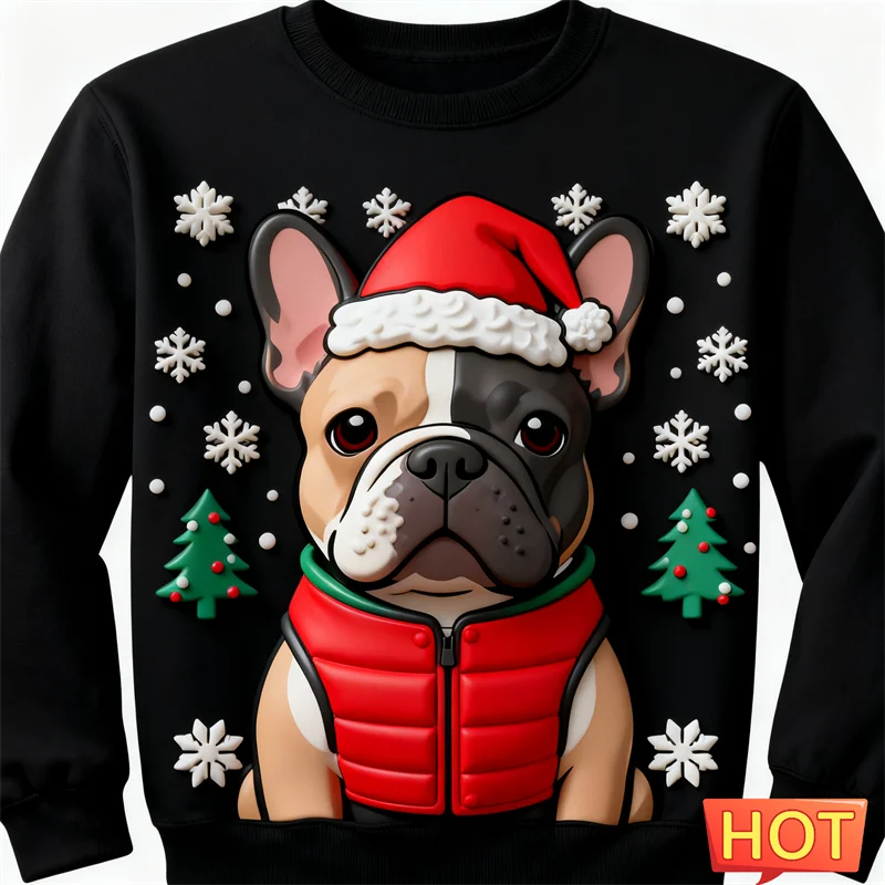 2026 جديد الفرنسية البلدغ الجرافيك القبيح عيد الميلاد سترة موضة لطيف الكلب ثلاثية الأبعاد مطبوعة عيد الميلاد بلوزات فضفاضة تنفس البلوفرات