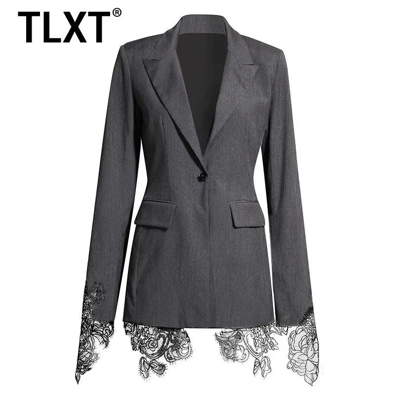TLXT – Blazer élégant en dentelle brodée pour femme, col cranté, tunique à manches longues, manteaux décontractés, mode automne 2024