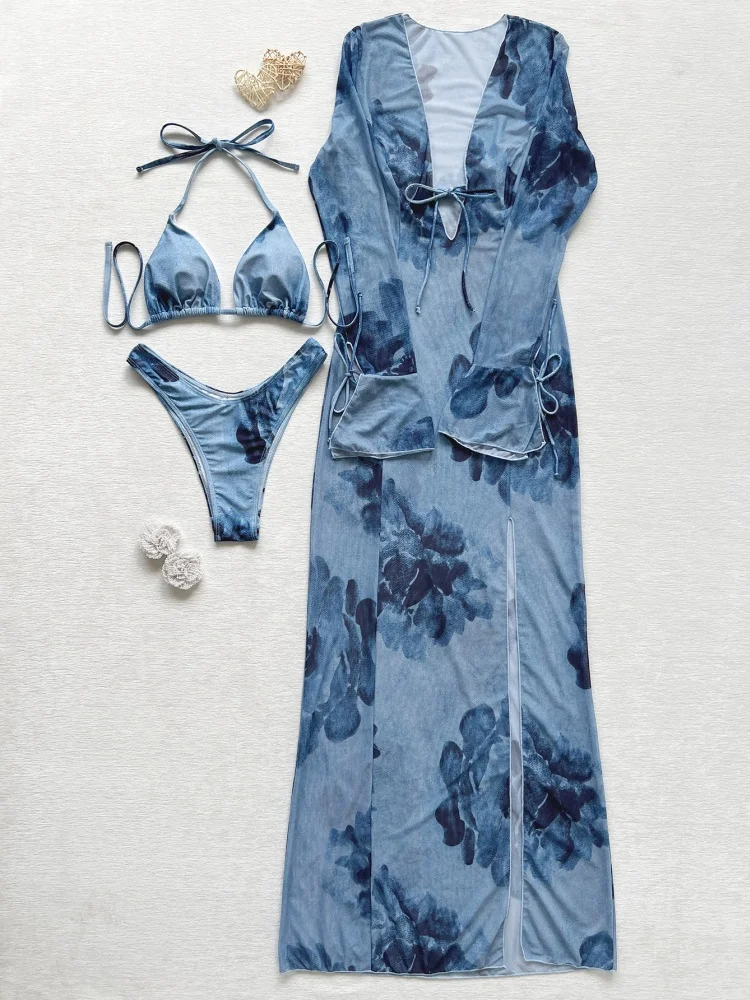 With Long Sleeve Cover Up Printed 3 Piece Set Bikini Crop Tops And Maxi Dress Bathing Fashion Flower Hollow Sexy Beach Skirt