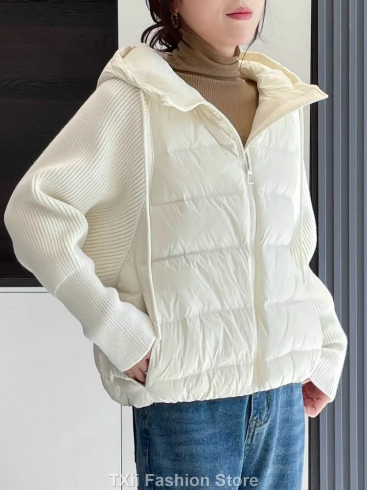 TXii Fashion Women Knit Stitcing Hooded Down Coat Fashion 2023 Autumn Winter Female Long Sleeve Drawstring Zipper Jacket