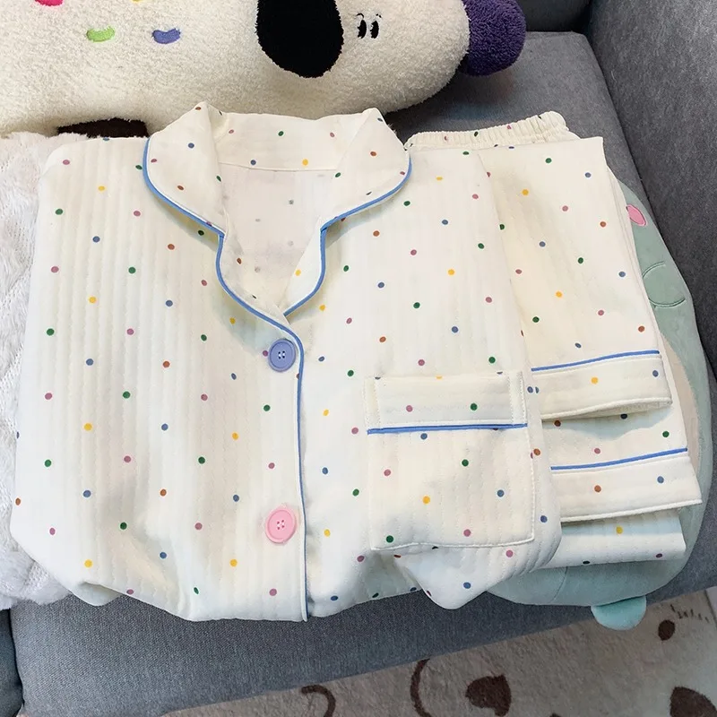 Korean Style Colourful Dot Women's Sleepwear Set 2025 Autumn Winter New Pajamas Set Cute Lapel Neck Casual Homewear 2PC Suit