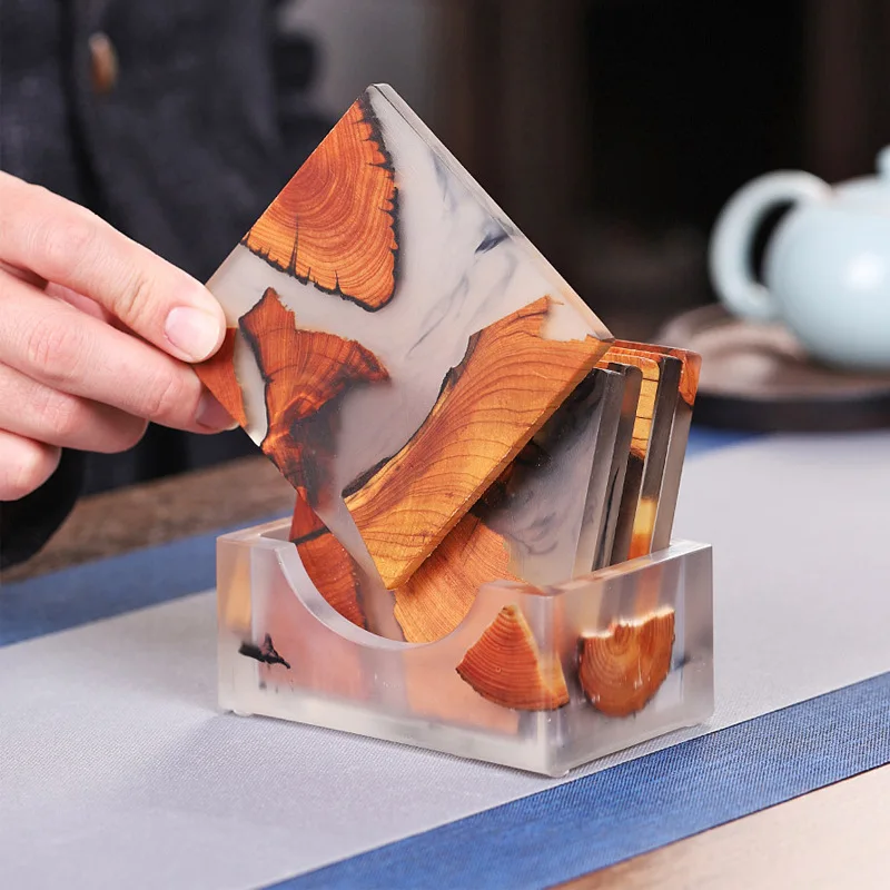 Creative pine resin tea cup mat home insulated tea saucer ceremony accessories Japanese cliff cedar square cup holder anti-hot