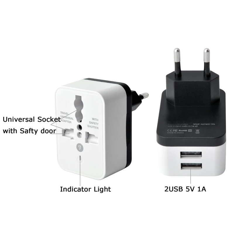 Universal EU US UK 2 USB Travel Plug Power Charger Converter Socket America Britain European Multi-function Plug Adaptor 5V 1A