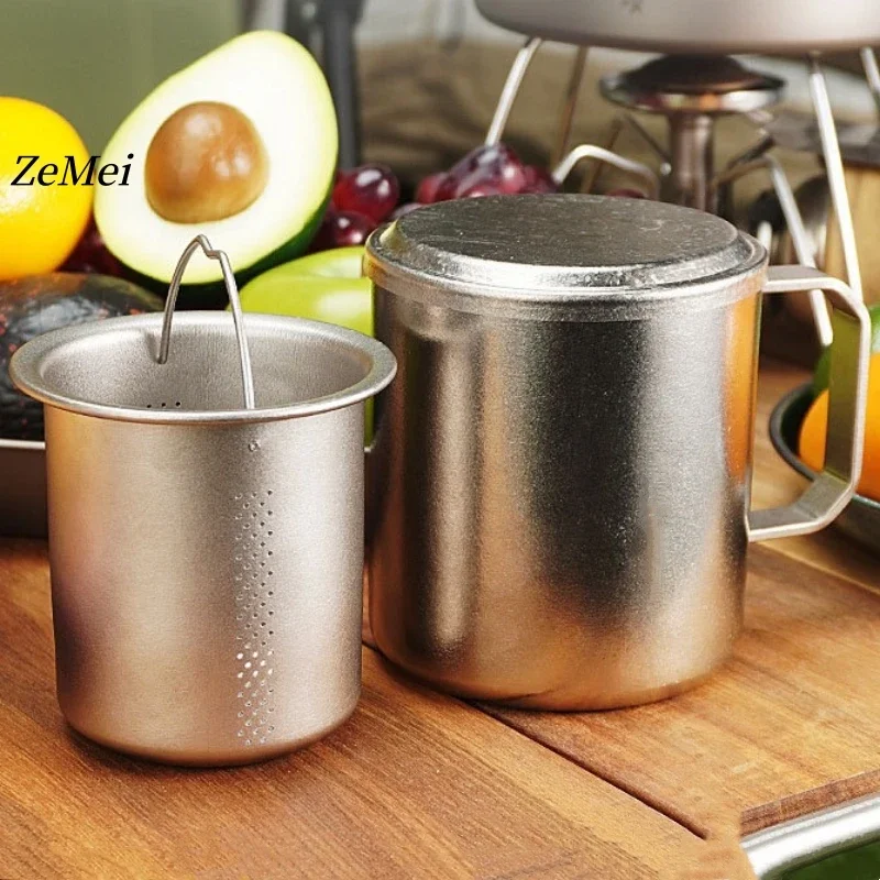 Pure Titanium Double-layer Coffee Cup,With Lid 380 Ml Handheld Beer Mug,Silver Cold Drink Portable Outdoor Camping Travel Mug