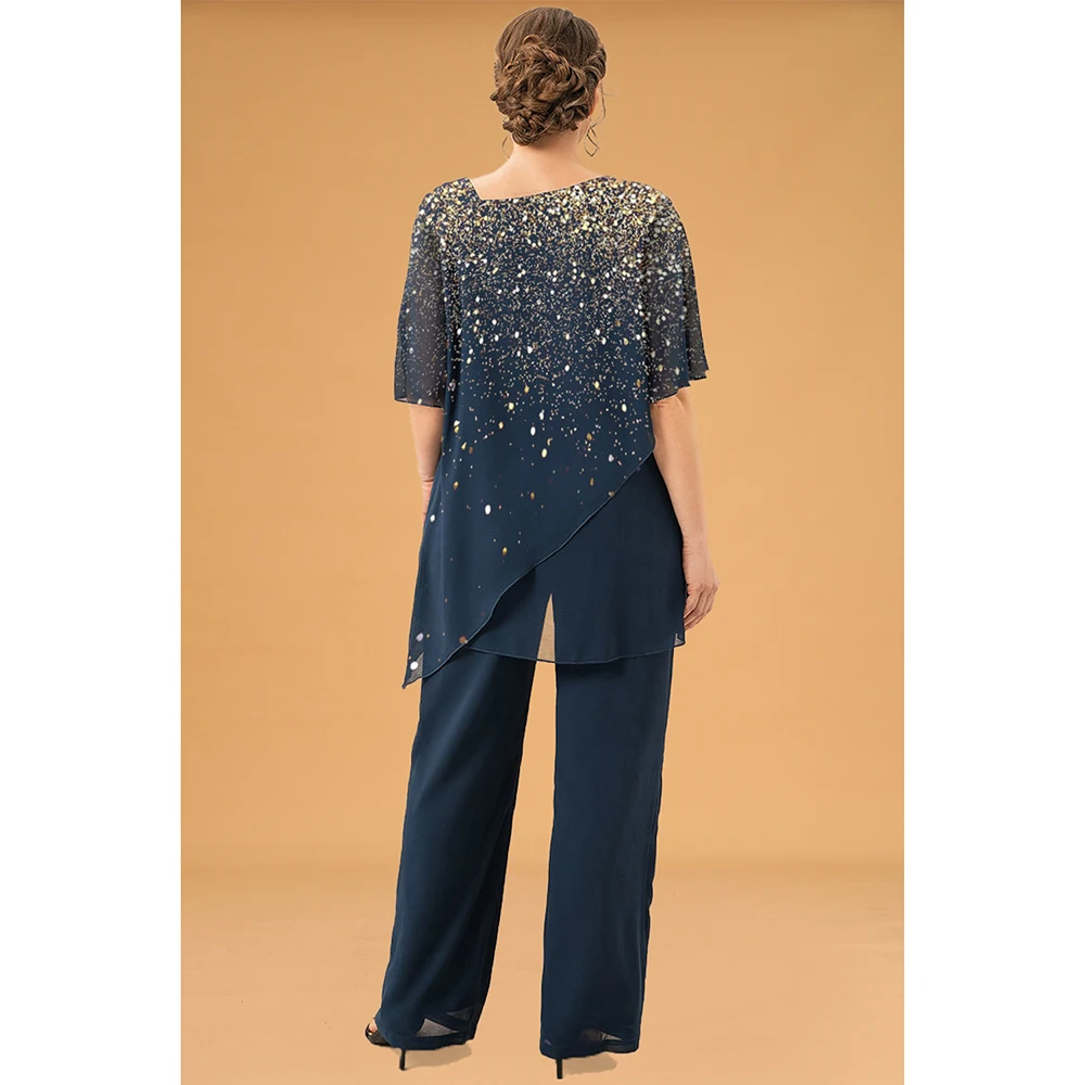 Plus Size Formal Slate Blue Chiffon Glitter Print Irregular Hem Wide Leg Two Piece Pant Suit