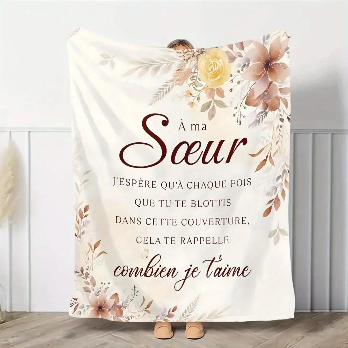 2D French-Style Dried Flower French Message Gift for Sister, Printed Flannel Throw Blanket, Heartfelt Confession Commemorative G