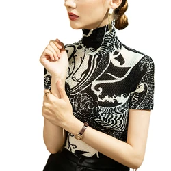 Women's Turtleneck Top Short Sleeve T-Shirt Summer 2022 Slim Fit Shirt Mesh Casual Lace Elastic Base Shirt