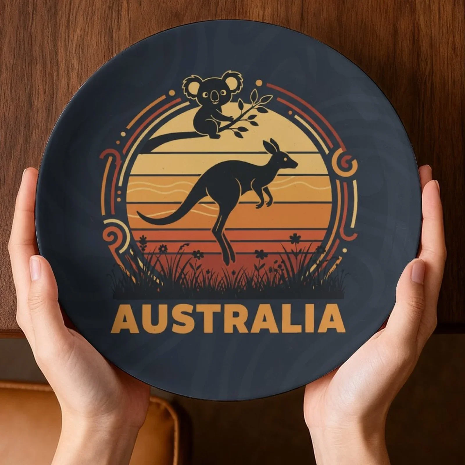 1pc Australia Wildlife Decorative Plate - Kangaroo & Koala Design with Australian Flag Colors (Red, Golden, Green, Brown) -
