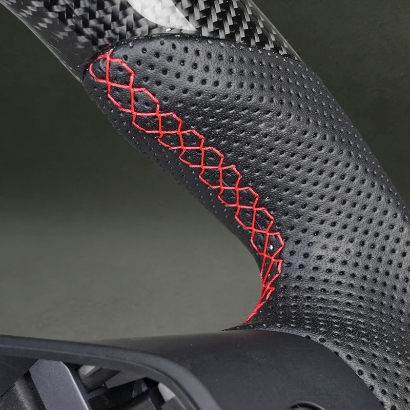 Car Parts for Tesla Model 3 Model Y 2019 2021 Steering Wheel with Red Stitching Carbon Fiber for Model 3 Model Y Flat Bottom view 4