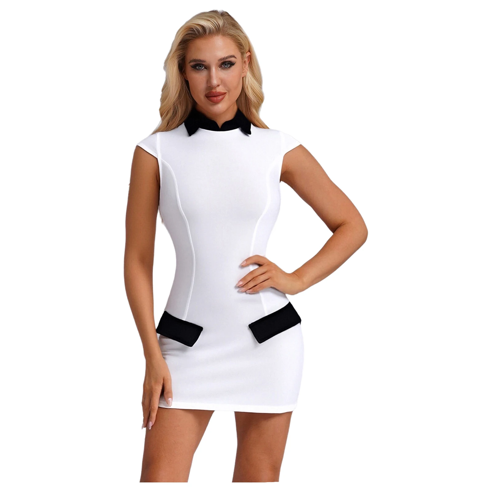 Womens Slim Fit Bodycon Mini Dress Contrast Color Lapel And Decorative Flap Cap Sleeve Back Zip Short Dress Office Party Costume
