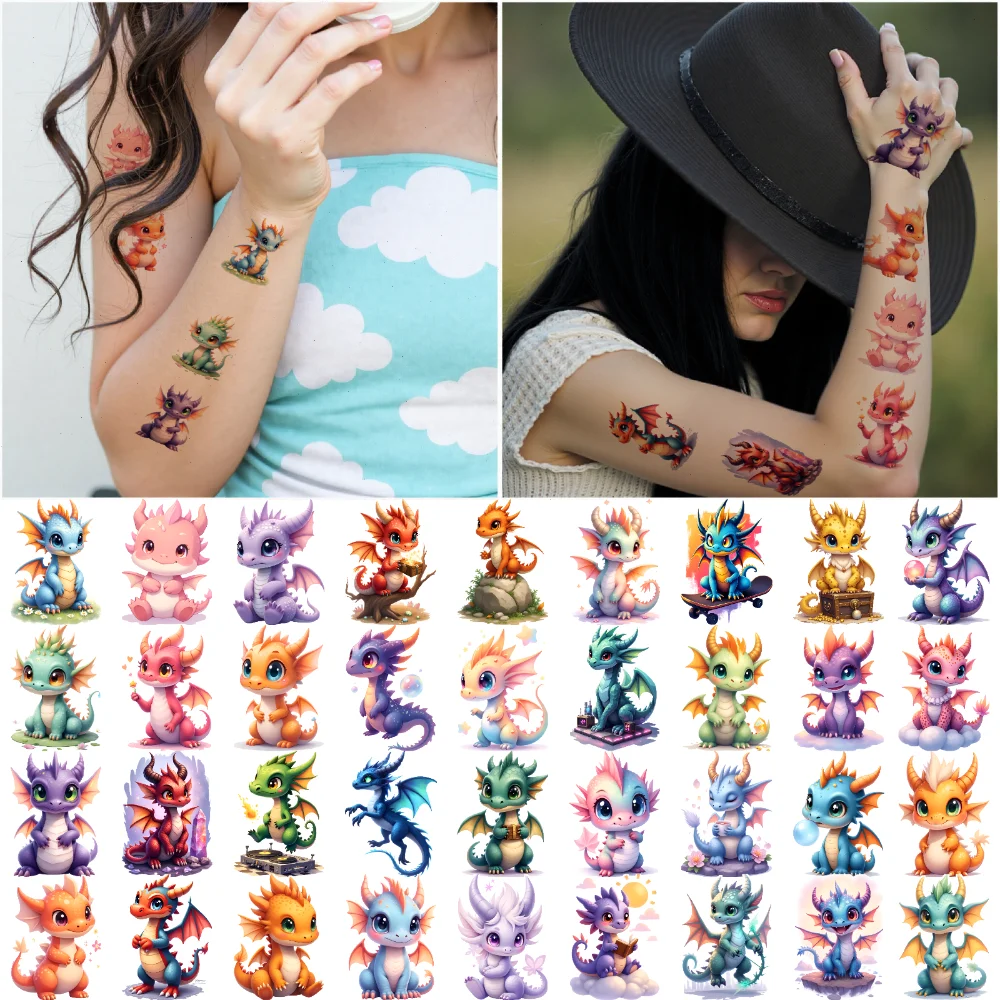 

63pcs Temporary Tattoo Colorful Designs Cartoon Fantasy Creatures Cute Dragons Waterproof Long-lasting Body Stickers For Men