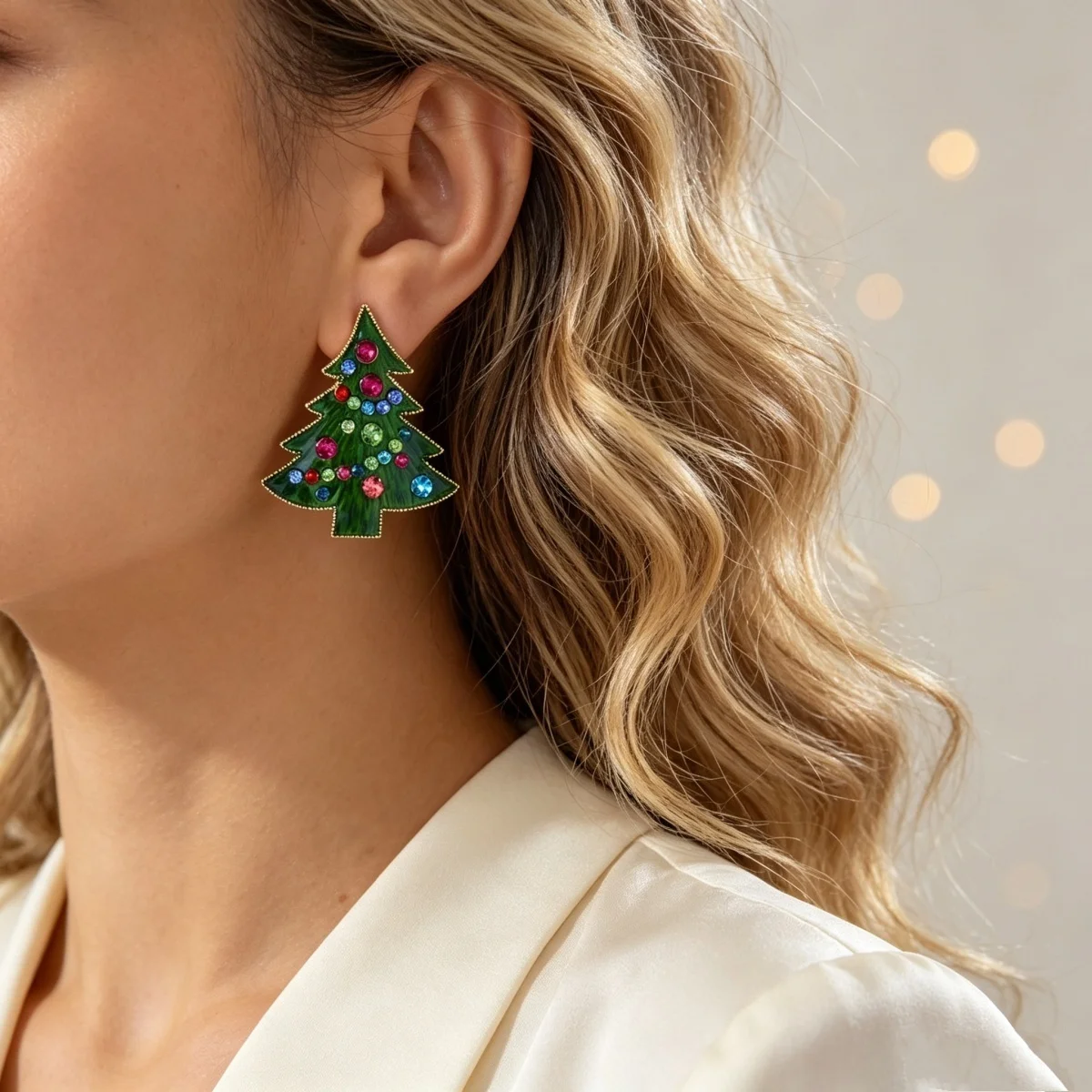 Bunte Strass-Ohrringe mit grüner Emaille, Weihnachtsbaum-Ohrstecker für Frauen, künstliche Perlen, Weihnachtsbaum-Ohrringe, Neujahrsparty-Schmuck – Detail 11